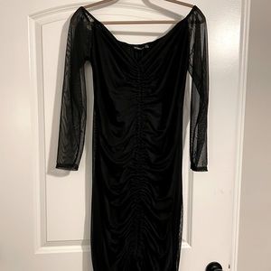 PrettyLittleThing Shape Black Mesh Ruched Bardot Bodycon Dress - size US 14